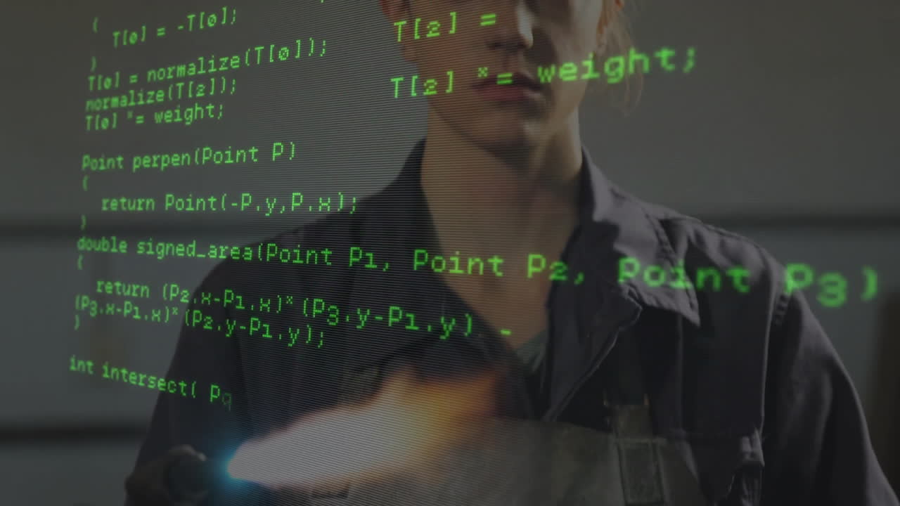 female engineer holding blowtorch emitting blue flame in tech workshop, showing green code overlay
