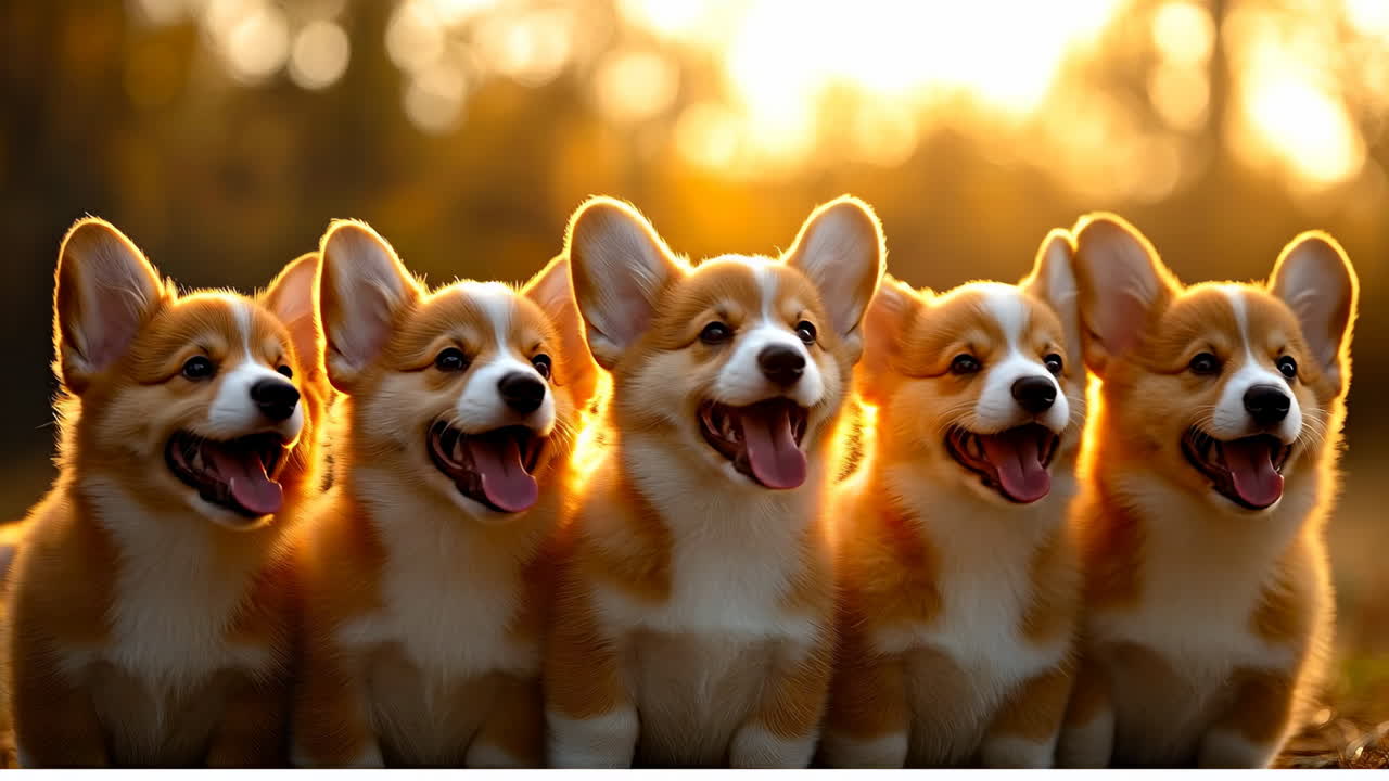 Five corgi puppies looking side in golden light. Row of five pembroke welsh corgi puppies sitting outdoors looking to the side during golden hour sunset light