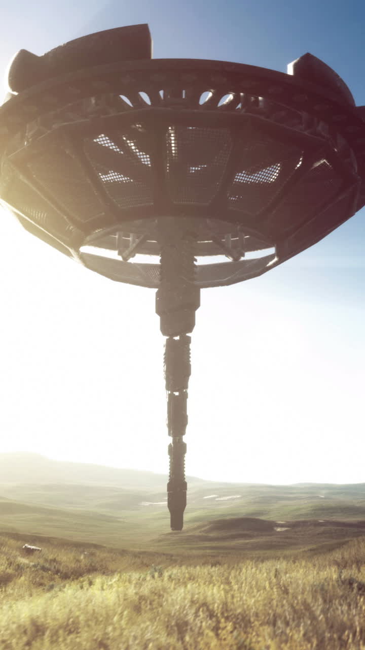 Mysterious alien ship hovers over an open field during a bright sunrise
