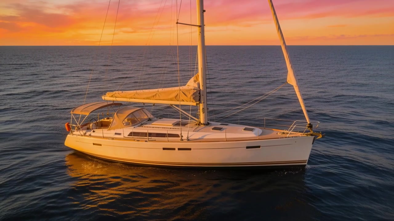Sloop bianco alla deriva che ondeggia in mare aperto, con il tramonto che si intensifica e il bagliore che cambia, randa ammainata.