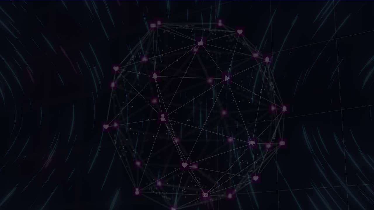 Animation of network of connections with icons over black background