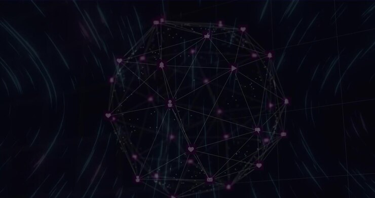 Animazione di una rete di connessioni con icone su sfondo nero.