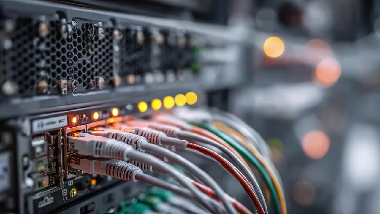 Close-Up Views of Network Equipment with Cables and LED Indicators, Highlighting Data Connectivity and Infrastructure in a Modern Server Environment