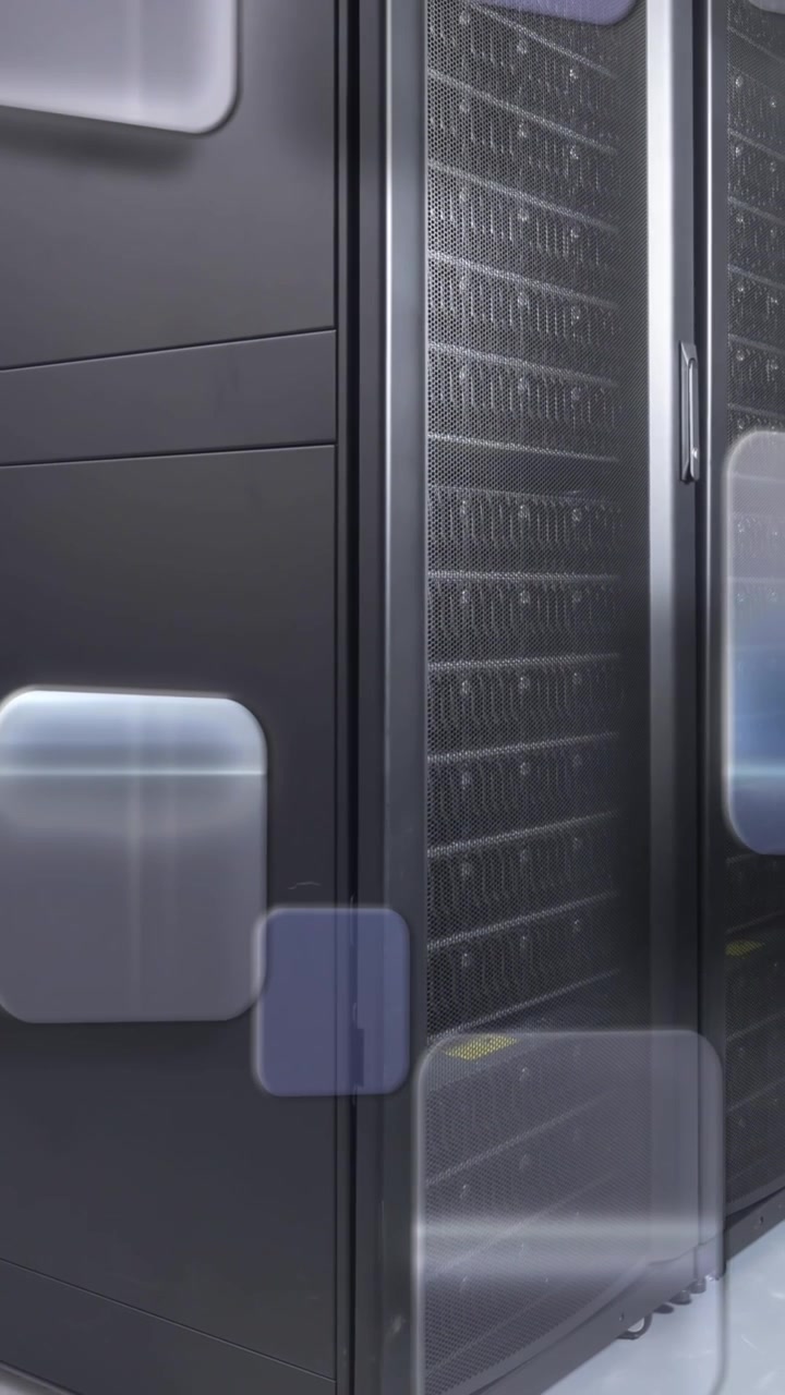 Ventanas transparentes moviéndose sobre una sala de servidores de computadoras.