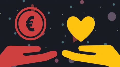 animation of hands with euro coin and heart icon over black background