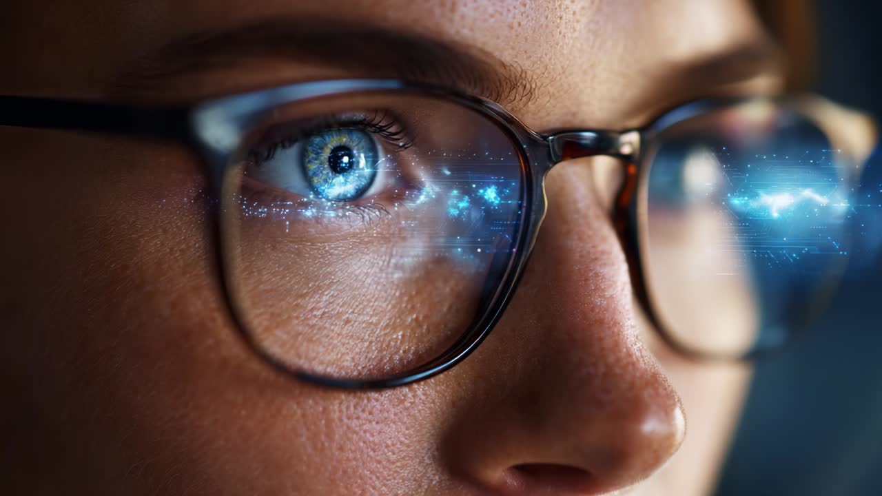 A Close-Up of Focused Eyes Behind Glasses, Capturing the Gleaming Reflection of Dynamic Digital Light Effects, Highlighting the Intersection of Human Vision and Digital Technology in a Modern Context
