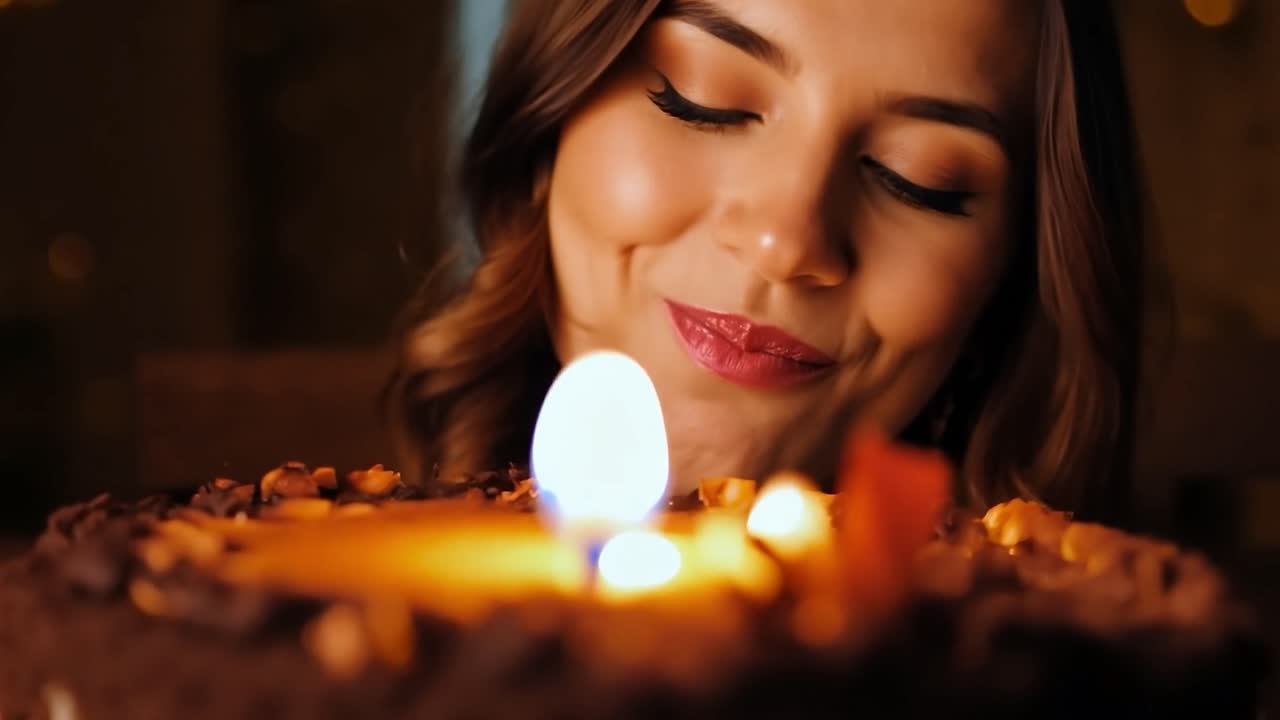 mujer soplando velas en un pastel de cumpleaños