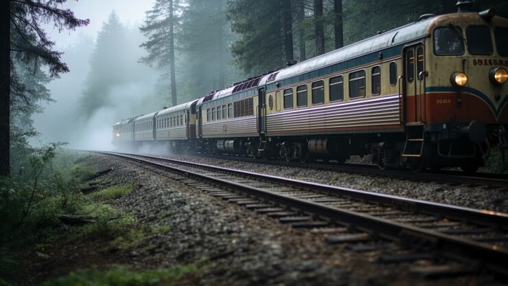 Rolling vintage loco moving on curved track in conifer forest after headlight emerging from fog