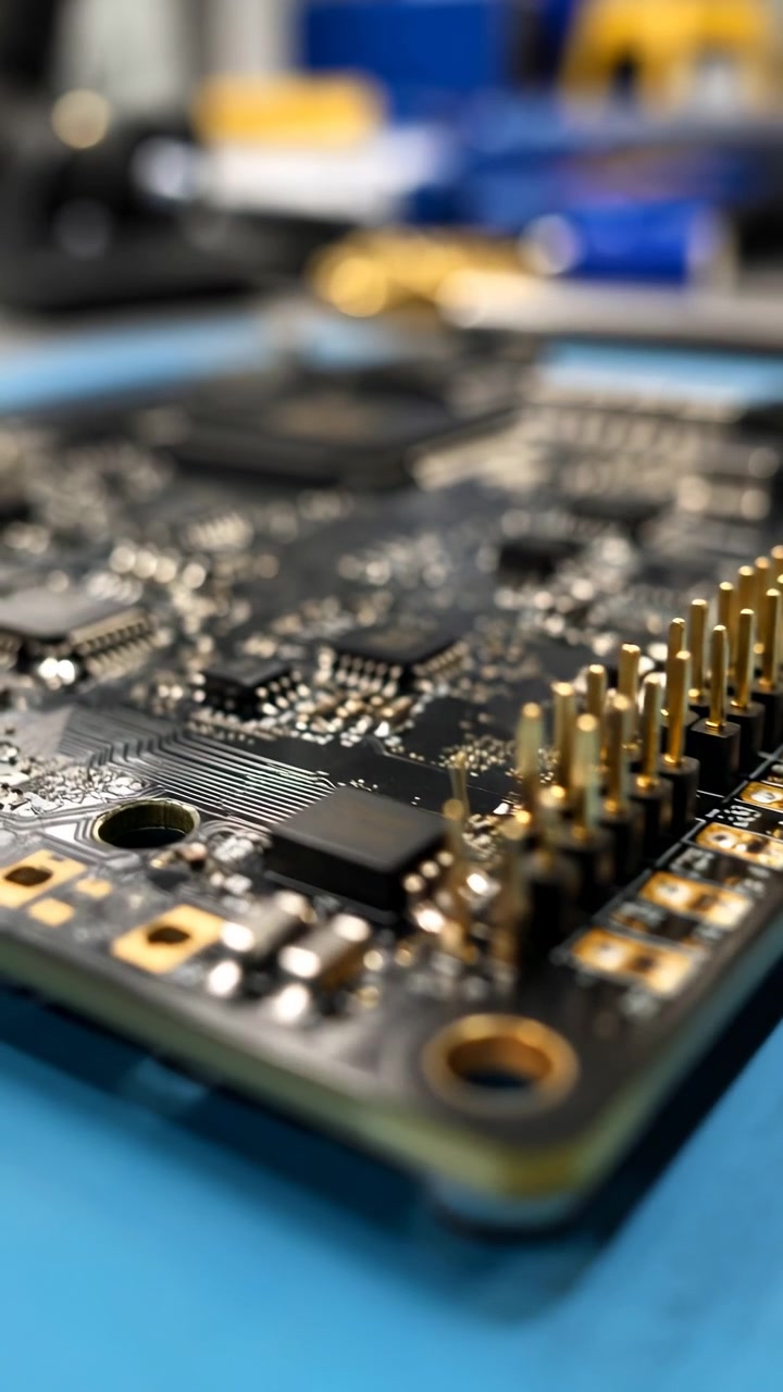 Shallow focus shifts over electronic board as camera glides past chips, connectors, metallic contacts, and patterned circuitry, while blue work mat and blurred objects fill background.