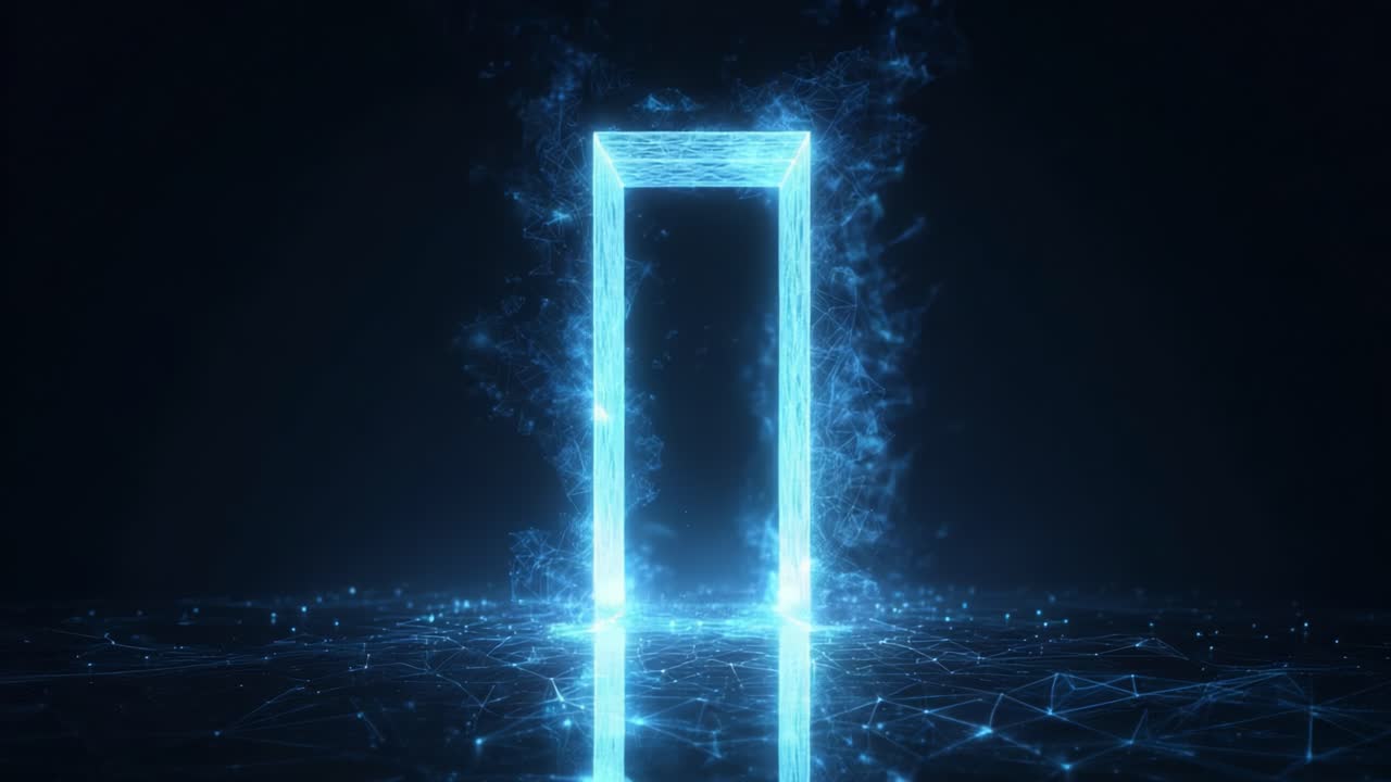 A Digital Portal Emerges: Transforming Reality with Dynamic Light and Vibrant Particles in a Futuristic Environment