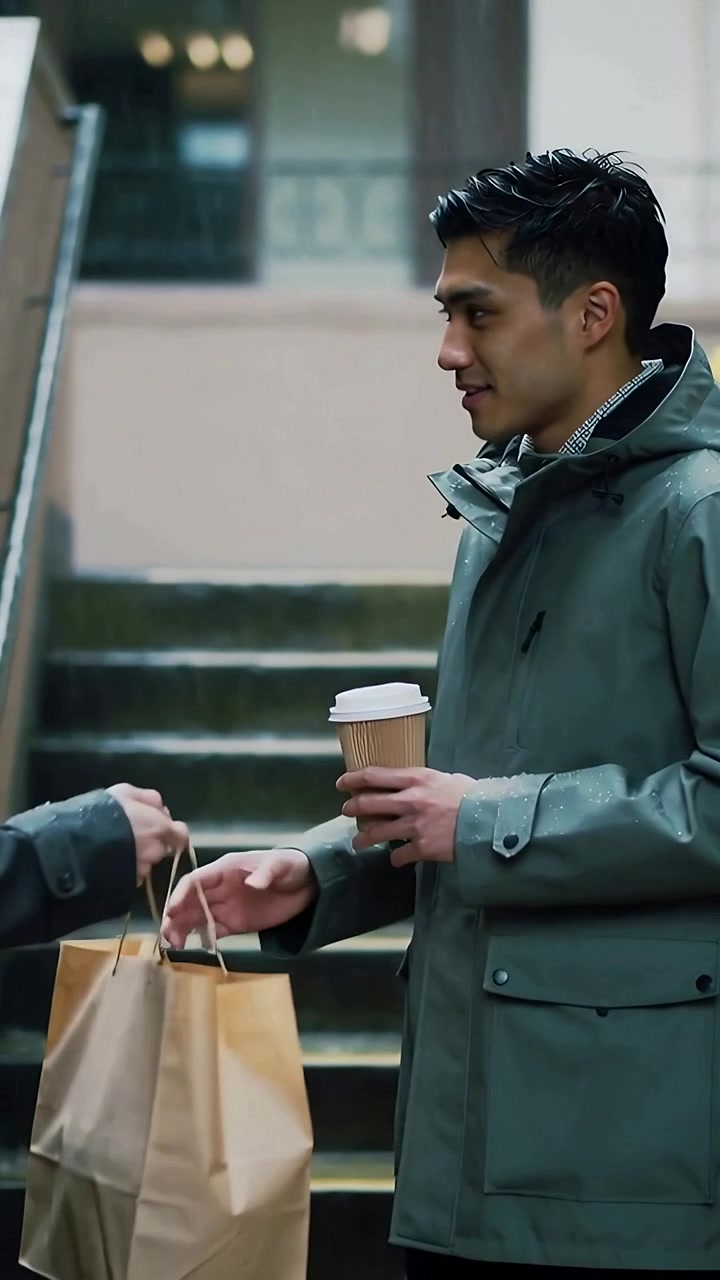 Vertical video: Swapping coffee cup for brown bag, man in parka on steps receiving bag from left
