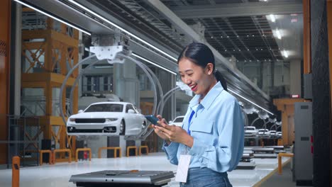 mujer usando un teléfono inteligente en una fábrica de automóviles moderna