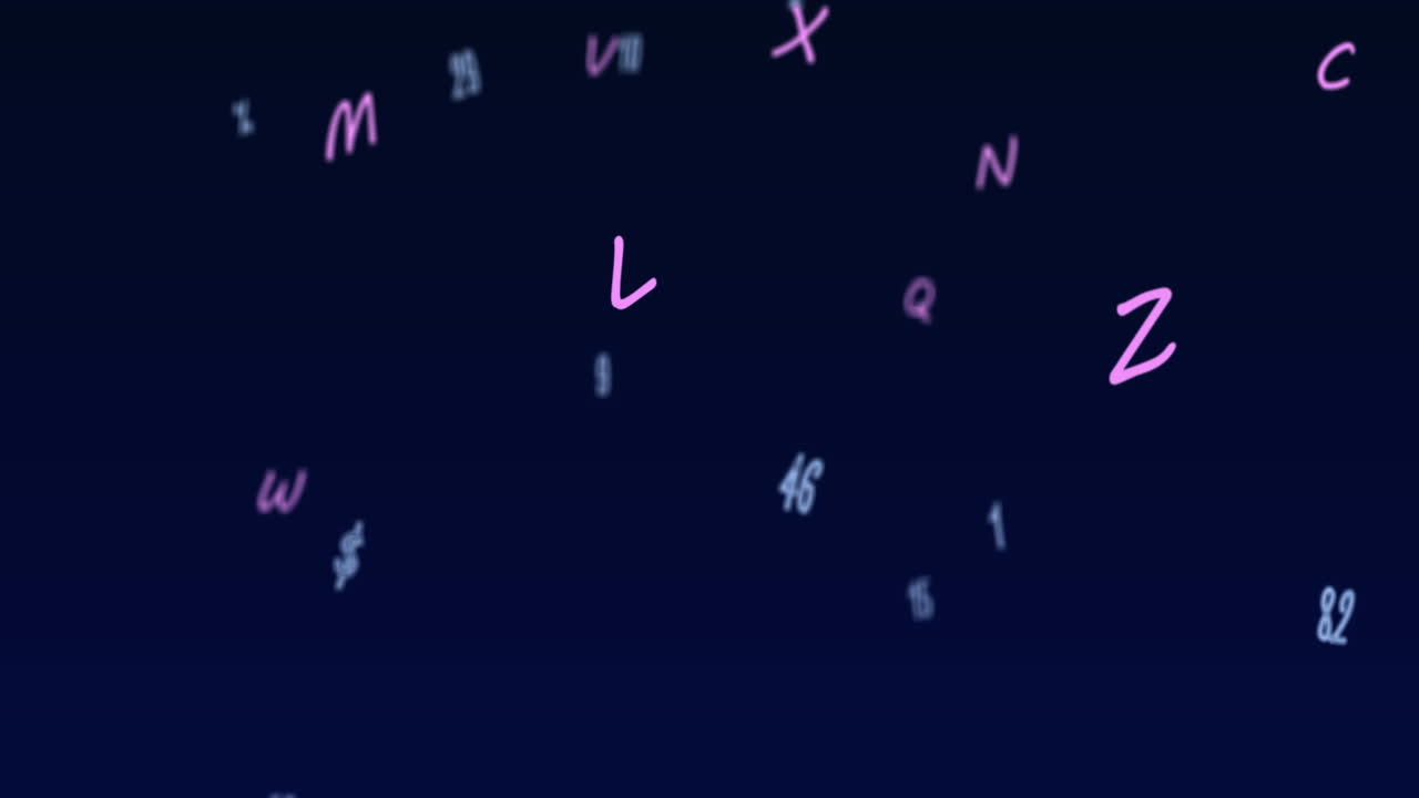 animación digital de múltiples números y alfabetos flotando contra un fondo azul