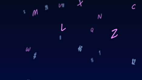 digital animation of multiple numbers and alphabets floating against blue background