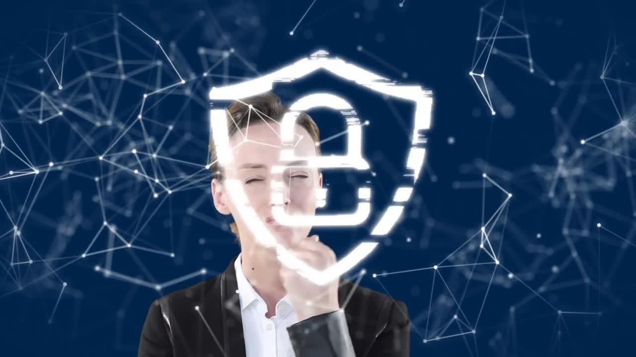 animación de redes de conexión y candado en línea sobre mujer de negocios caucásica