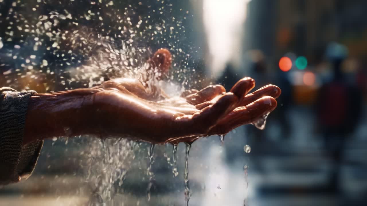 A captivating depiction of water cascading from a hand in an urban setting, showcasing the interplay of sunlight and droplets against a blurred city backdrop filled with movement