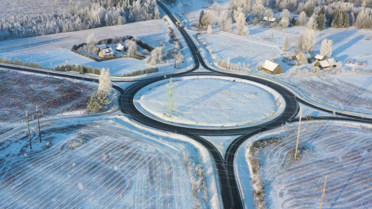 Vintertransportnetværk, en sneklædt rundkørsel der forbinder veje og marker set fra luften.