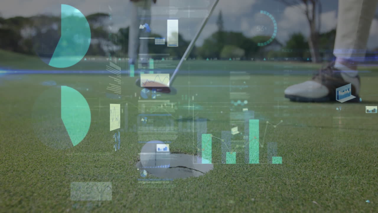 Golfer performing putting stroke on green, with sports tech overlays showing pie charts bar graphs
