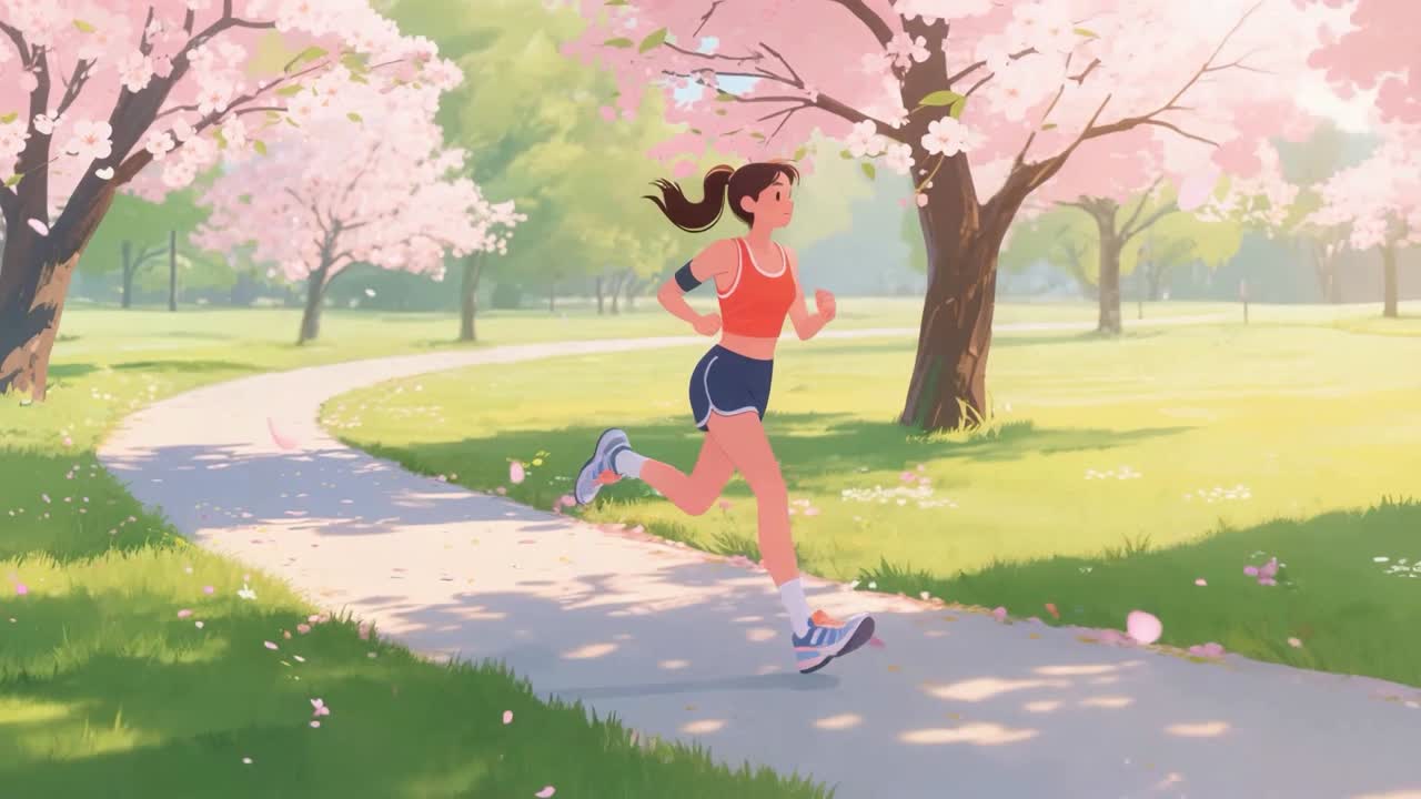 Woman jogging through a spring park