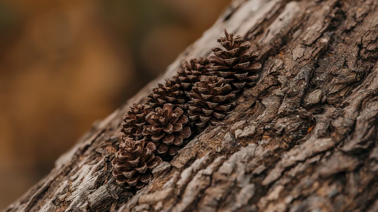 Iniziazione dell'inquadratura con tre pigne appoggiate su un tronco d'albero inclinato, evidenziando le texture della corteccia