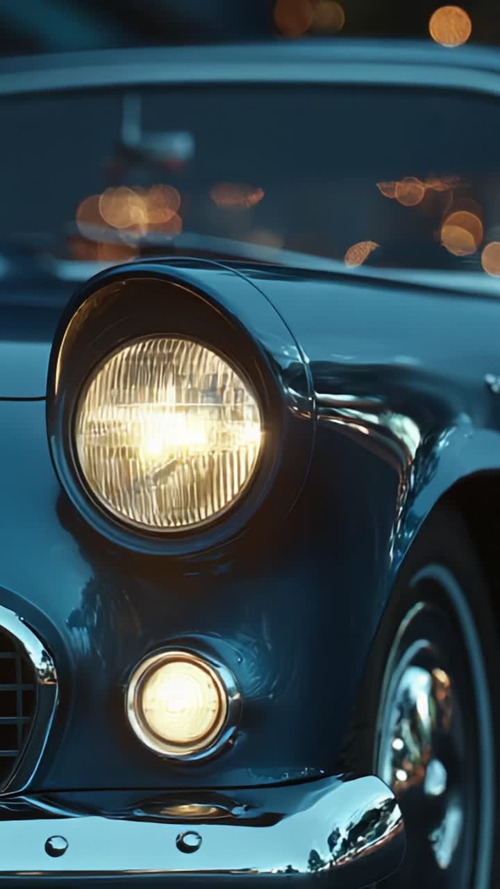 Ein glänzender Klassiker: Nahaufnahmen eines Oldtimer-Scheinwerfers mit sanften Bokeh-Hintergrund-Highlights und zeitlosem Charme in Bewegung