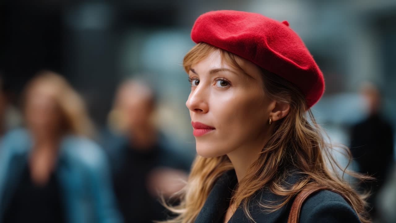 A stylish woman wearing a red beret stands confidently in a bustling urban environment, capturing the essence of modern city life and fashion trends