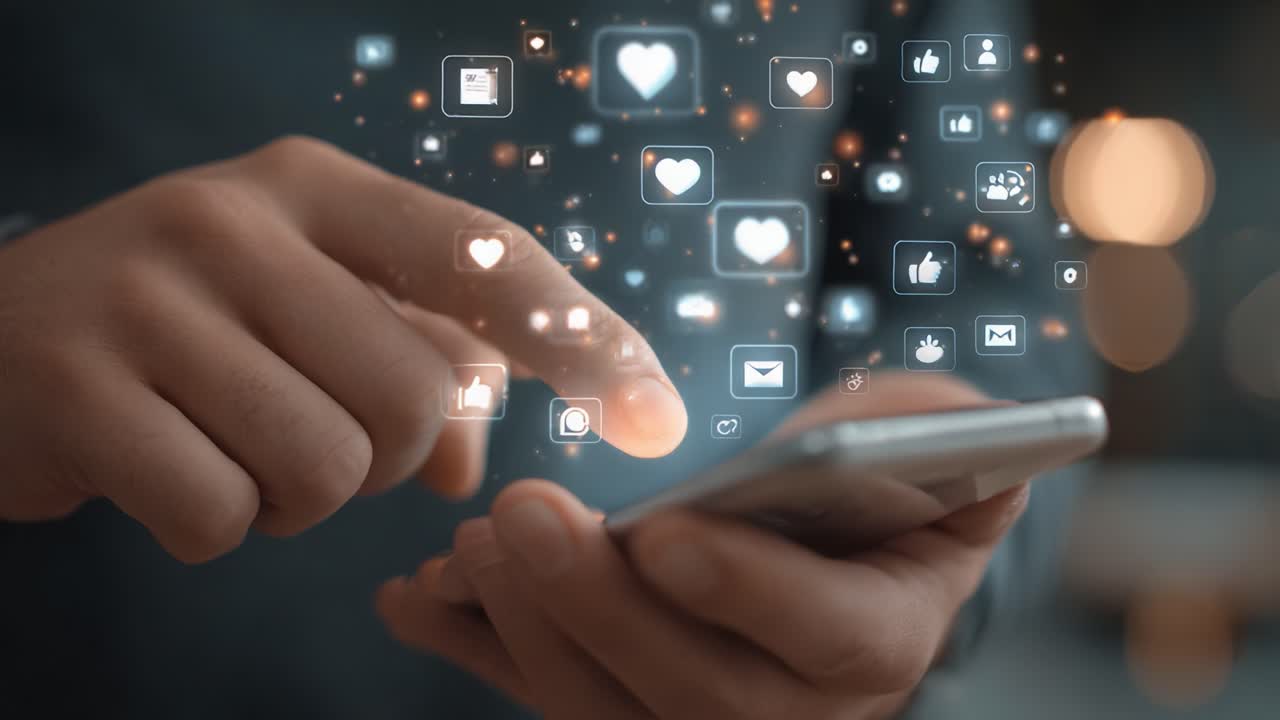 Engaging with Digital Connections: A Close-Up of a Hand Using a Smartphone to Interact with Floating Social Media Icons and Notifications