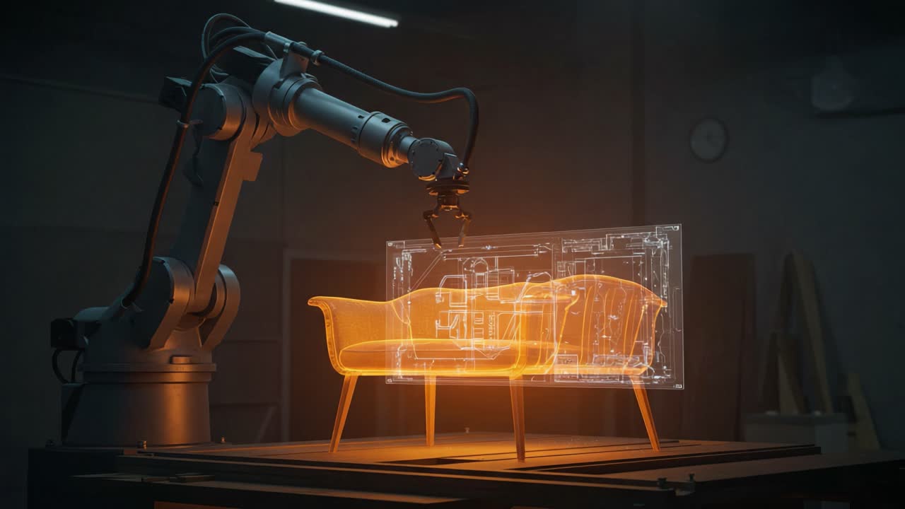 A Futuristic Robotic Arm Assembles an Innovative Chair Design while Displaying 3D Blueprints, Combining Industrial Technology with Modern Furniture Creation