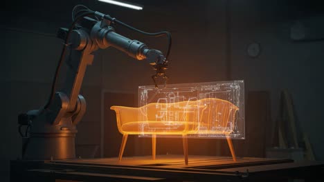 a futuristic robotic arm assembles an innovative chair design while displaying 3d blueprints, combining industrial technology with modern furniture creation