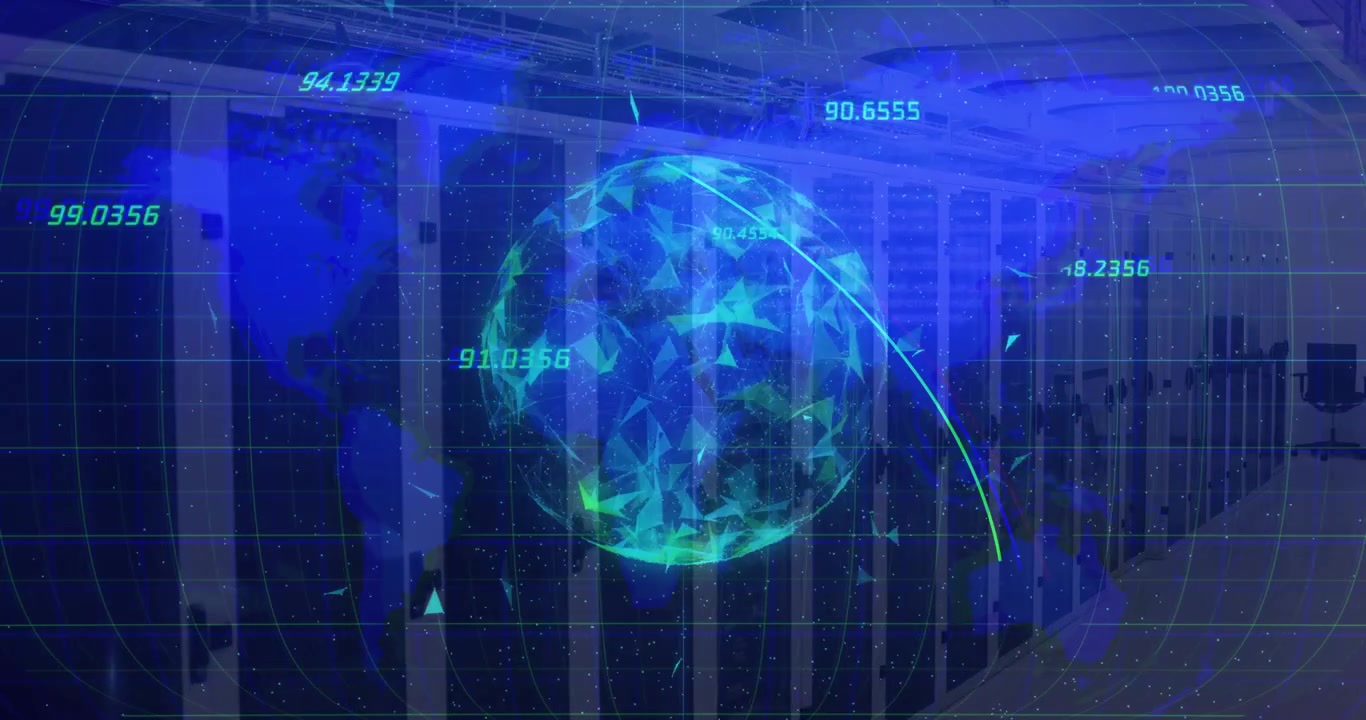 Un globo che appare innesca la rotazione di sfaccettature e archi al neon che mappano i valori, mentre mostra il flusso di dati in tempo reale