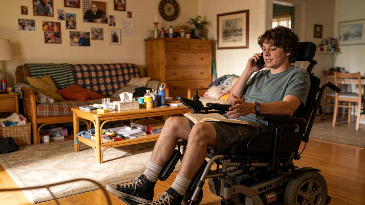 Answering incoming call, teen in power wheelchair holding phone, reading notes in living room