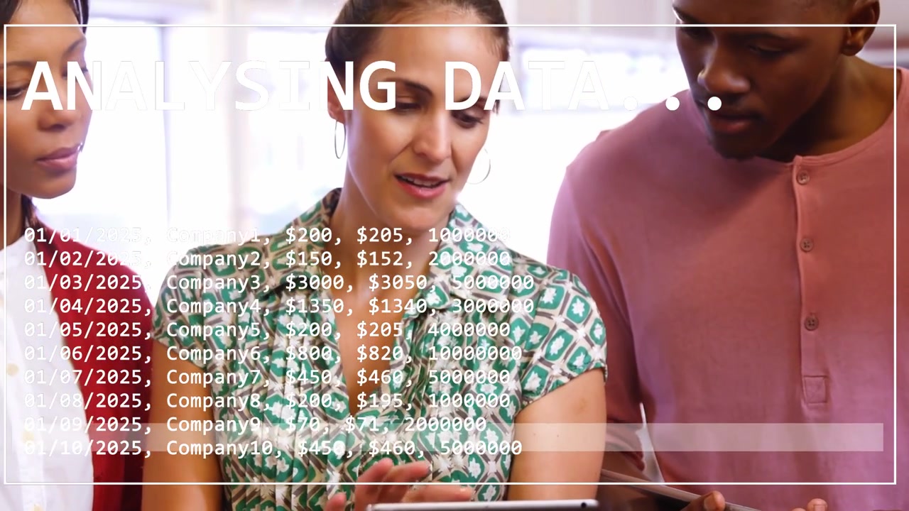 Lead woman tapping tablet causing faint ANALYSING DATA overlay while team reviewing finance figures