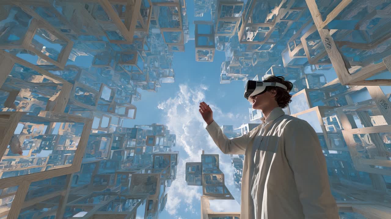 Immersive Virtual Reality Experience: A Person Engaged in an Interactive Exploration Amidst Floating 3D Structures in a Digitally Created Space with Clouds and a Bright Sky Above