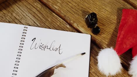 close-up of diary, ink bottle, santa hat and quill