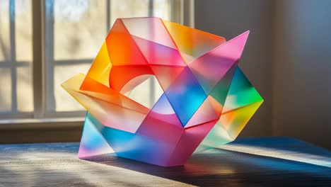 colorful geometric glass sculpture by the window