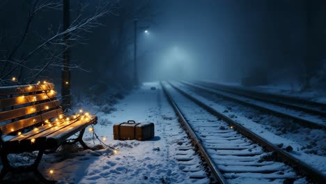 Snowy train station scene with illuminated bench and suitcase in a misty winter atmosphere