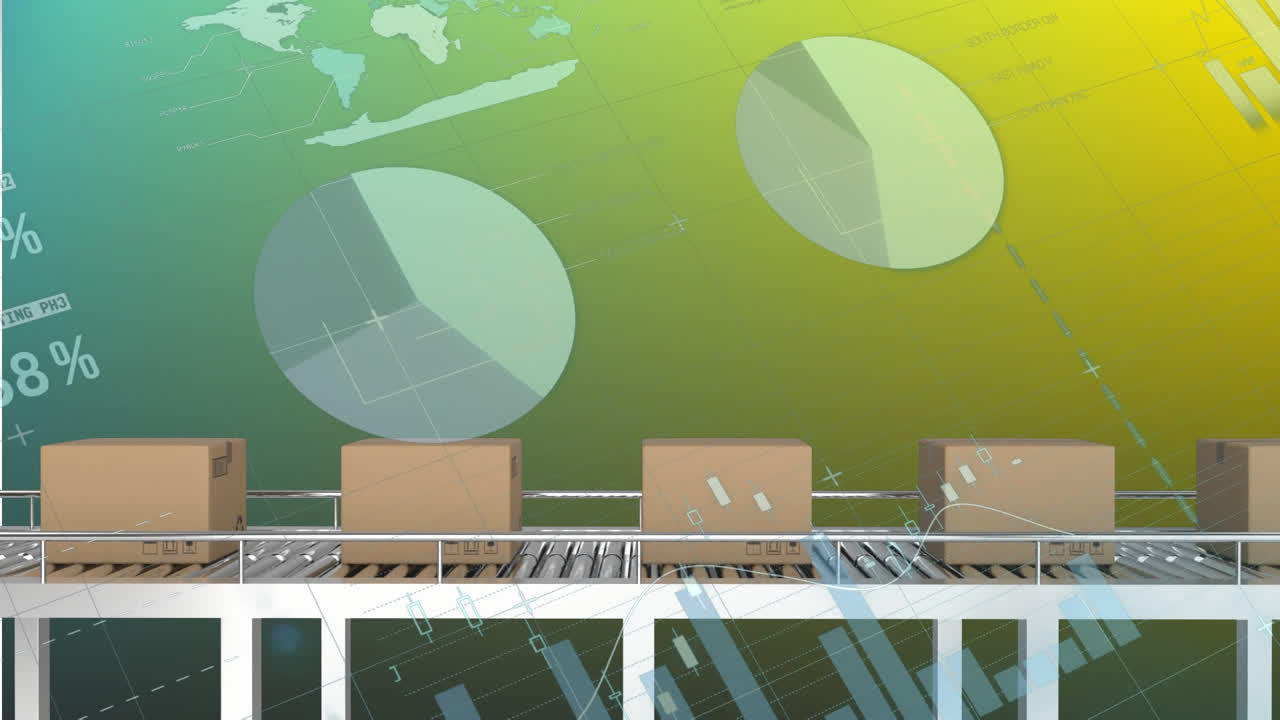 animación de múltiples gráficos e informes sobre cajas de cartón que se mueven en cinta transportadora