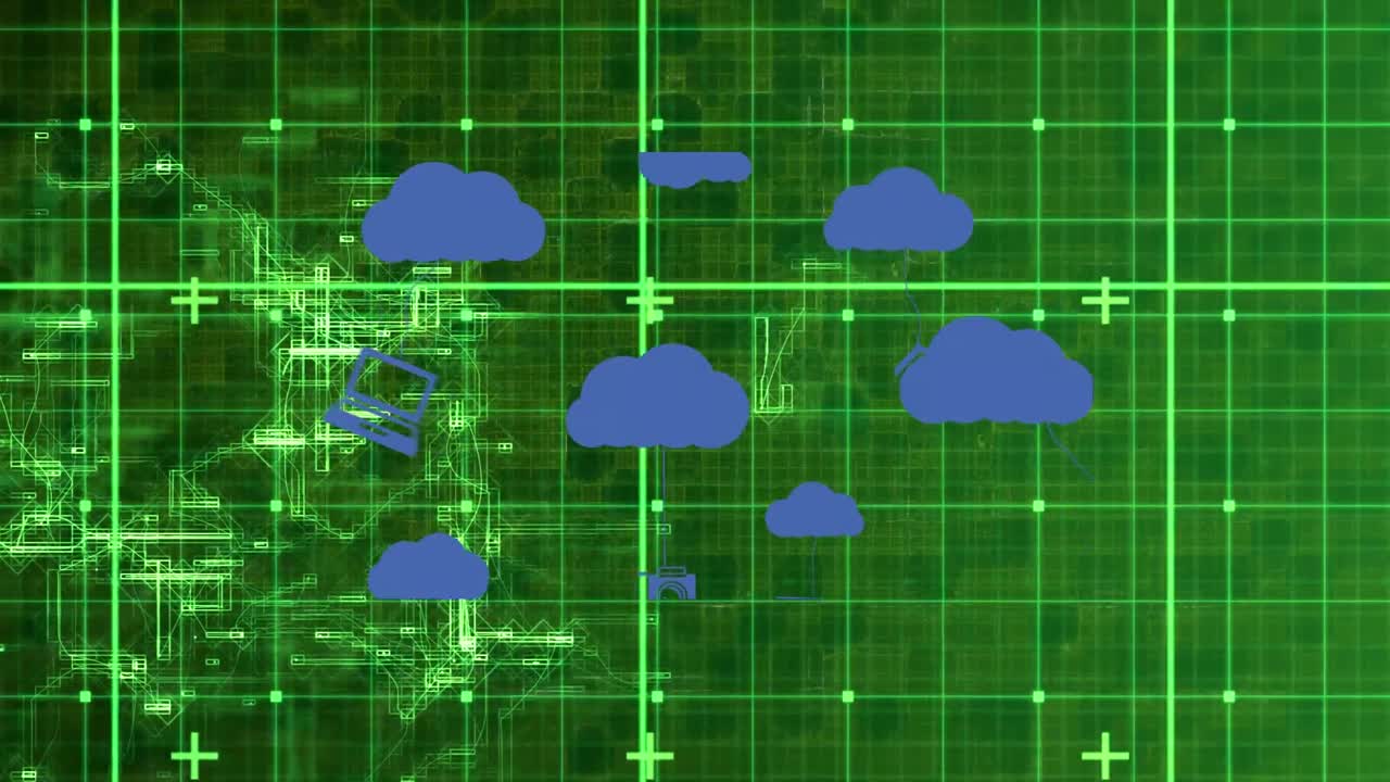 Animation af skyer med ikoner over grønne former