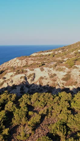 tranquil coastal landscape under a clear blue sky at sunset