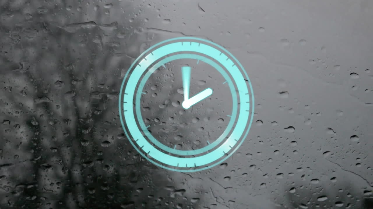 Clock animation over raindrops on glass window