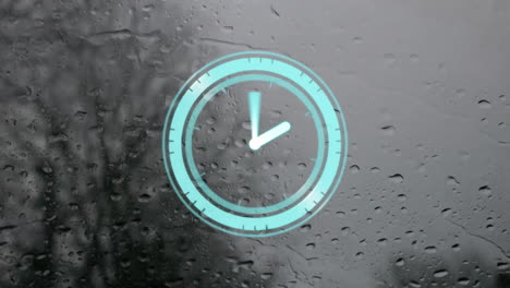 clock animation over raindrops on glass window