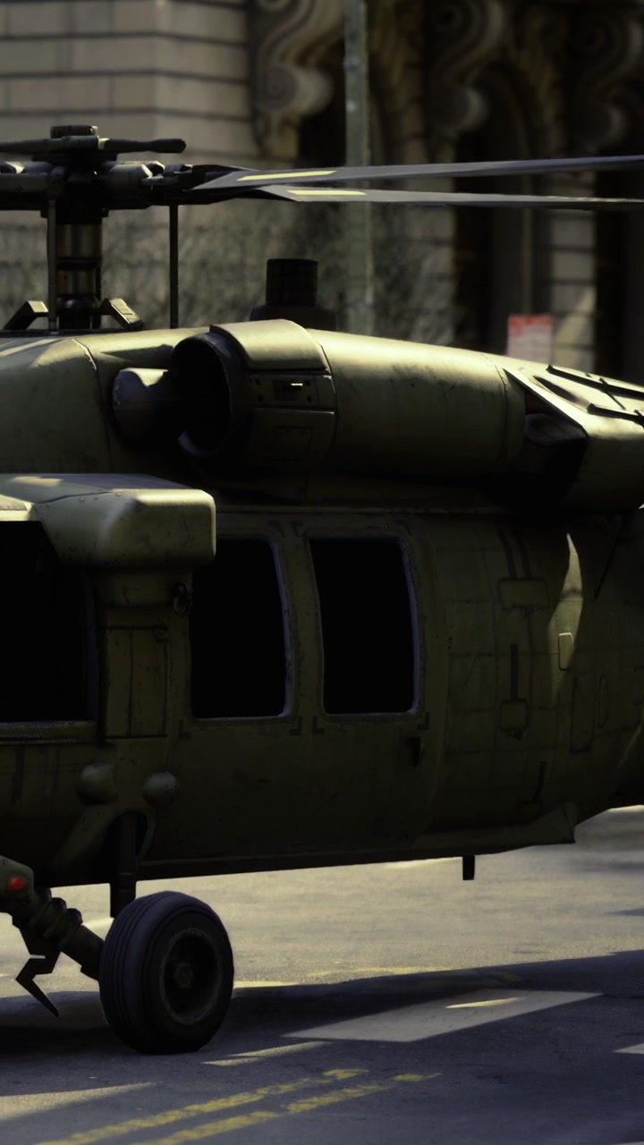 Helicopter parked on city street during the day