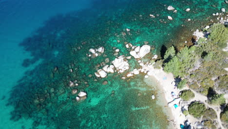 Aerial-top-view-of-people-relaxing-on-a-beach-next-to-crystal-clear-water-in-Lake-Tahoe