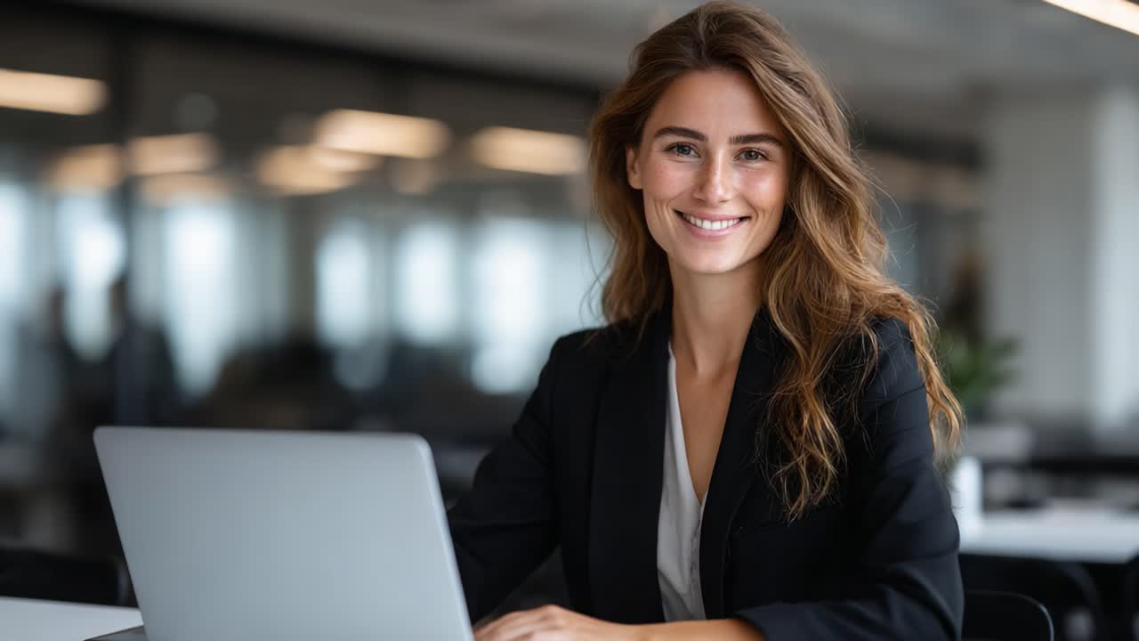Donna professionista sorridente davanti al portatile in un moderno ambiente d'ufficio, che riflette fiducia e produttività nell'ambiente di lavoro