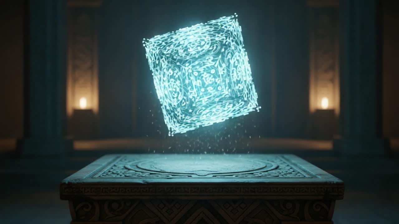 A Mysterious Glowing Diamond Shaped Artifact Suspended Above an Intricately Carved Stone Altar in a Darkly Lit Ancient Chamber