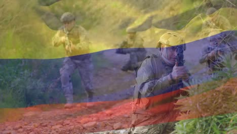 animation of flag of colombia over diverse soldiers