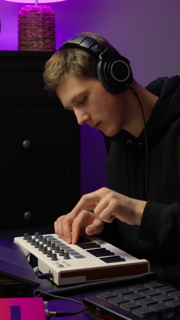 Musiikkituottaja luo biittejä pimeässä kotistudiossa värikkään LED-valaistuksen alla, naputtelee midi-koskettimistoa, pystysuuntainen