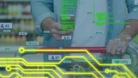 animation of data processing and yellow lines over caucasian man using smartphone