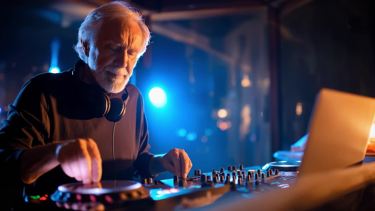 Un DJ anziano si concentra intensamente sul mixaggio dei brani. Le mani si muovono abilmente sui controlli sotto luci vibranti. Un bagliore blu lo circonda, creando un'atmosfera suggestiva ed energetica. Perfetto per musica, vita notturna.