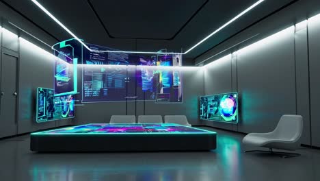 futuristic control room with holographic displays